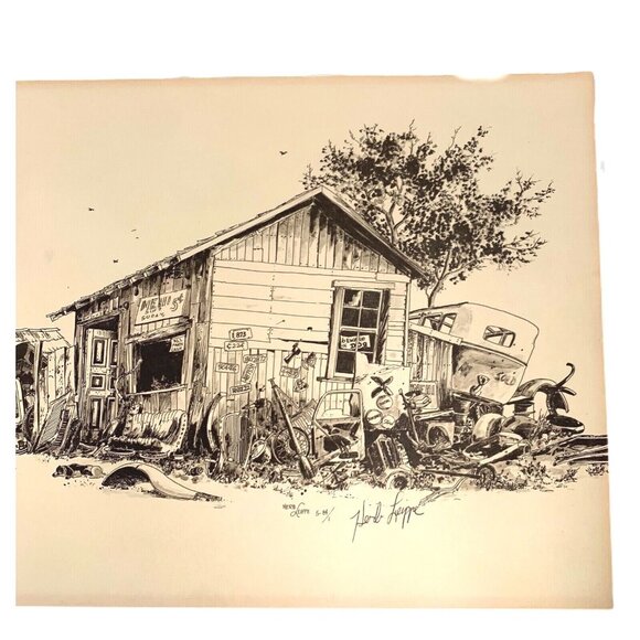 1984 Herb Leippe Handsigned Art Poster junkyard cars Santa Cruz sketch sepia - Picture 2 of 9